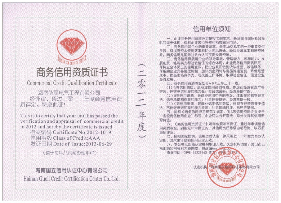 商務(wù)信用資質(zhì)證書